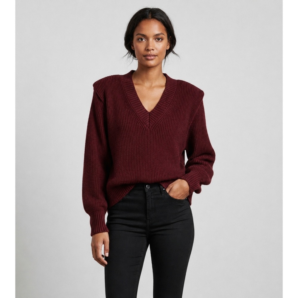 Pistola Camille Strong Shoulder Chunky V-Neck Sweater‎ Merlot Burgundy Red- XS